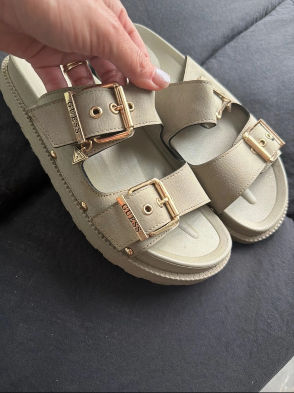 GUESS Women's Taupe/Beige Double-Buckle Slide Sandals with Gold Hardware